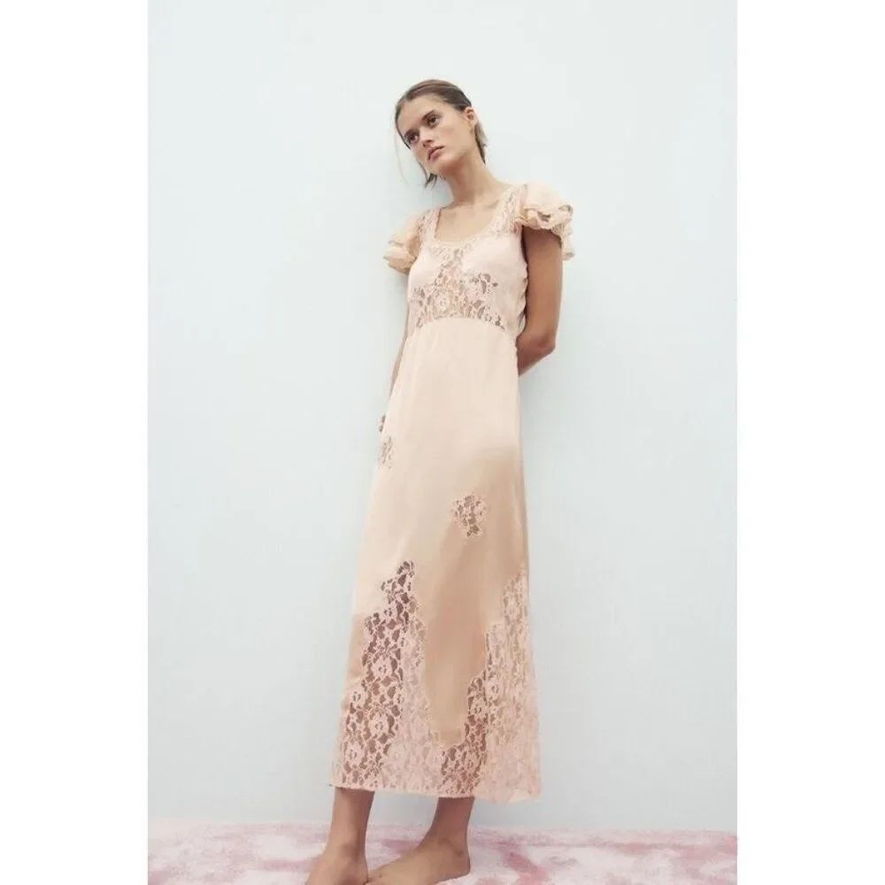 Zara Womens Maxi Dress M Medium Pink Satin Embroidered Floral 1377/500 NWT